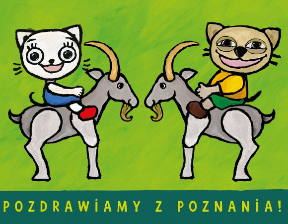Grafika przedstawia kotkę Kicię Kocie i jej przyjaciela kotka Packa siedzących na koziołkach.