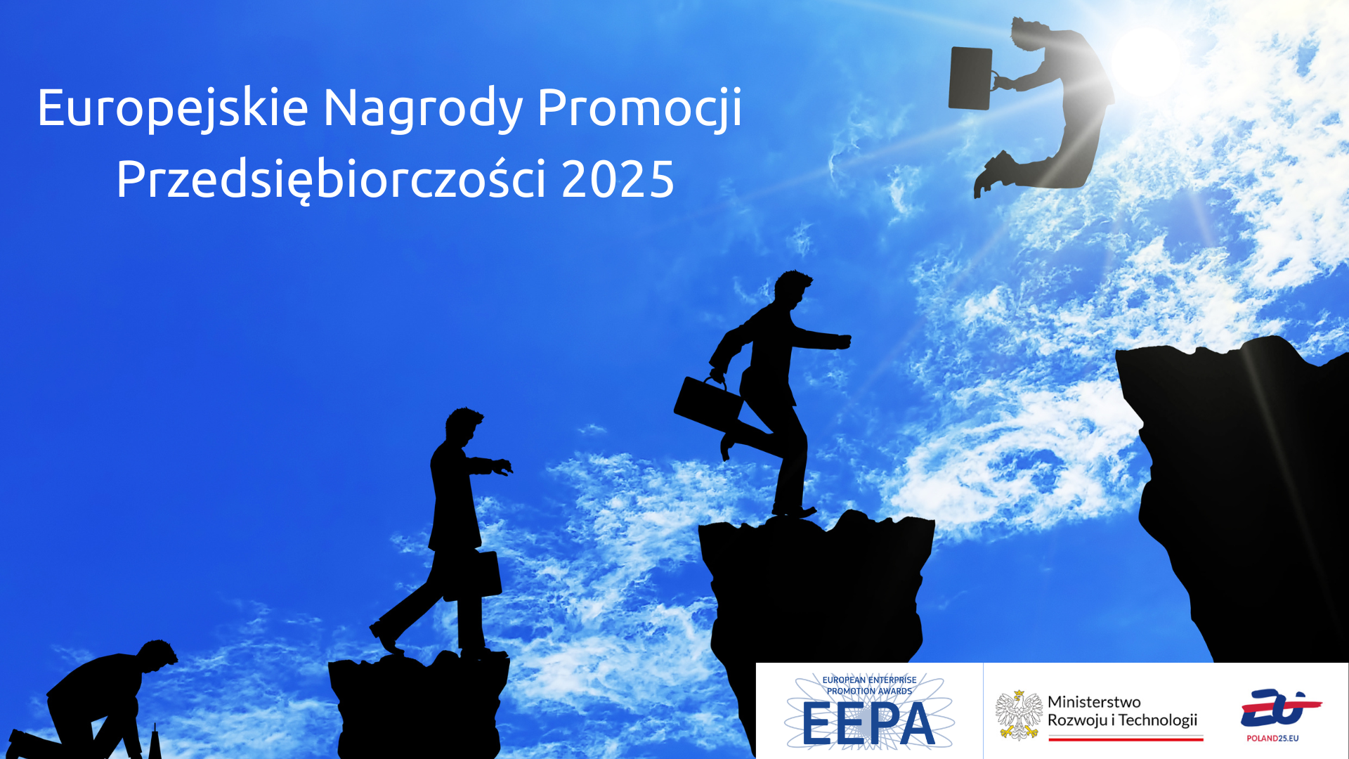 Grafika przedstawia mężczyzn z teczką ktorzy wspinają się po skałach. w tle niebo , chmury i promienie słoneczne
