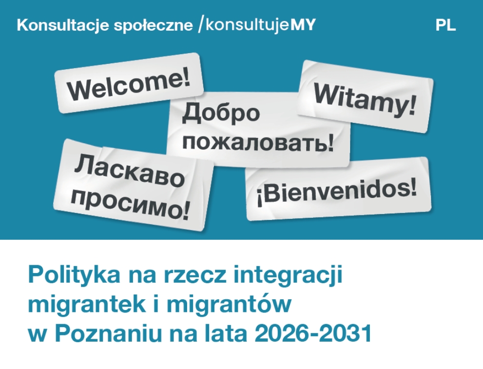 Grafika przedstawia niebieskjie tło na którym widać napis "witamy!" w różnych językach.