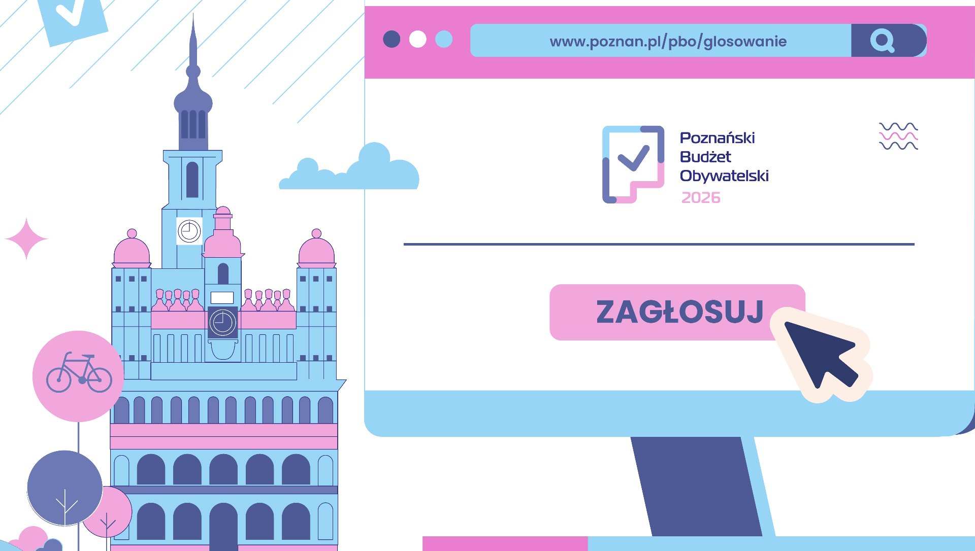 Grafika przedstawia ratusz poznański i zawiera informacje o możliwości oddania głosu w ramach PBO2026, grafika jest w kolorach pastelowych, różowym, fioletowym i niebieskim