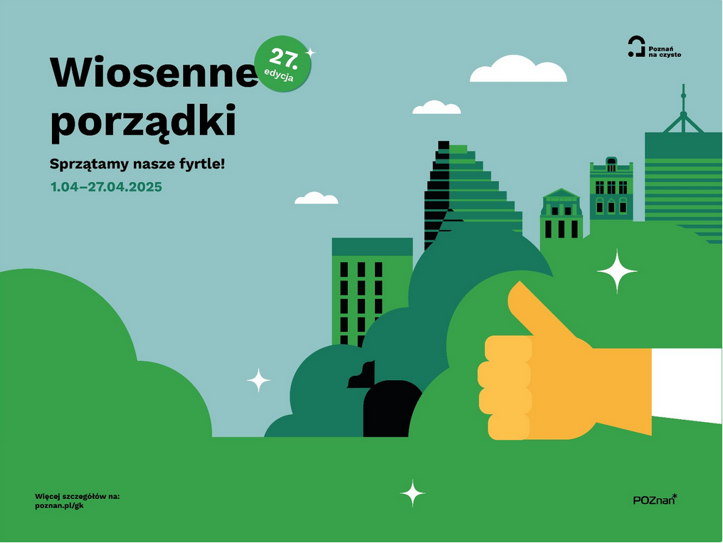 Grafika przedstawia rękę w gumowej żółtej rękawiczce, która trzyma kciuk do góry na tle zielonych krzewów i budynków charkterystycznych dla miasta Poznania