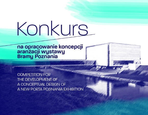 Grafika przedstawia rysunek Bramy Poznania oraz informacje o konkursie na nową ekspozycję.
