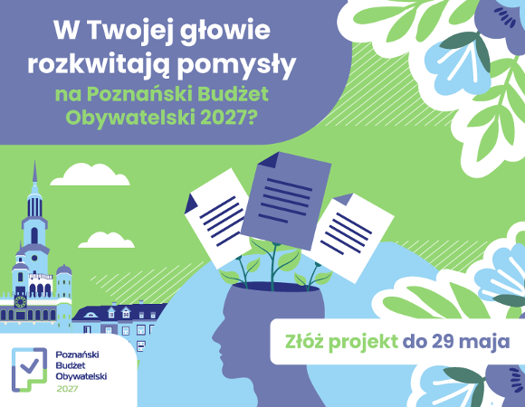 Grafika przedstawia rysunek doniczki w kształcie ludzkiej głowy, z której wyrastają rośliny w formie kartek papieru, a także rysunki roślin i charakterystycznych poznańskich budynków, jak Ratusz czy domki budnicze. Są też informacje o PBO.