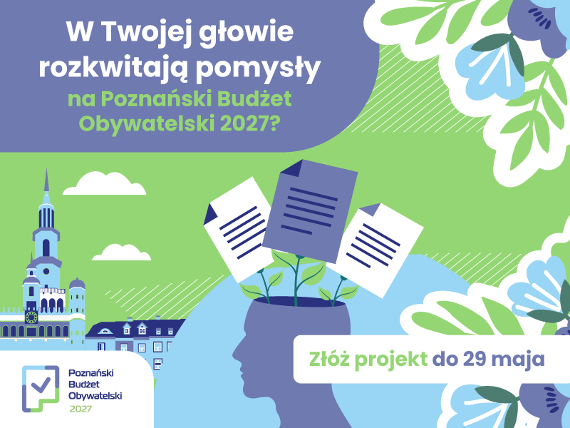 Grafika przedstawia rysunek Ratusza oraz doniczki w kształcie głowy, z której wychodzą na gałązkach kartki, a także informacje o tym, że rozpoczyna się składanie wniosków w PBO.