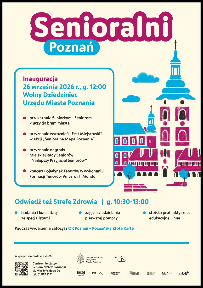 Grafika przedstawia treść "Senioralni Poznań. Inauguracja 26 września 2026 r. g. 12:00 Wolny Dziedziniec Urzędu Miasta Poznania
