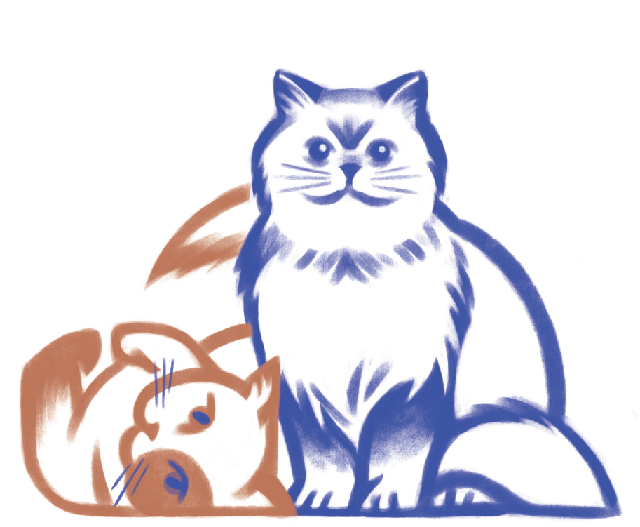 Grafika przedstawiająca dwa koty - jeden w pozycji siedzącej, drugi w leżącej