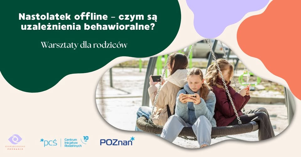 Grafika przedstawiająca dzieci na huśtawce, z telefonami w rękach i najwazniejsze informacje o wydarzeniu