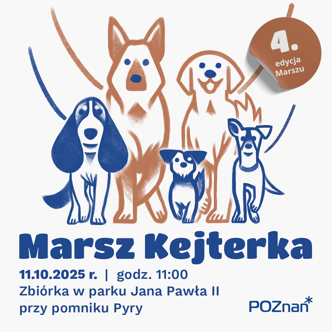 Grafika przedstawiająca psy różnej wielkości spacerujące wspólnie