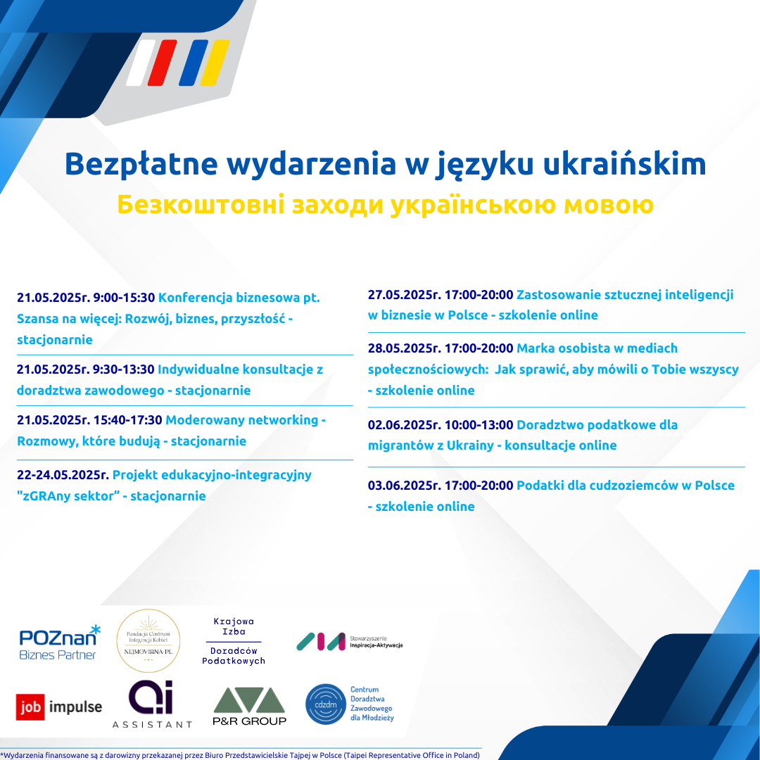 Grafika przedstawiająca wszystkie wydarzenia zaplanowane na maj i czerwiec dla migrantów z Ukrainy.
