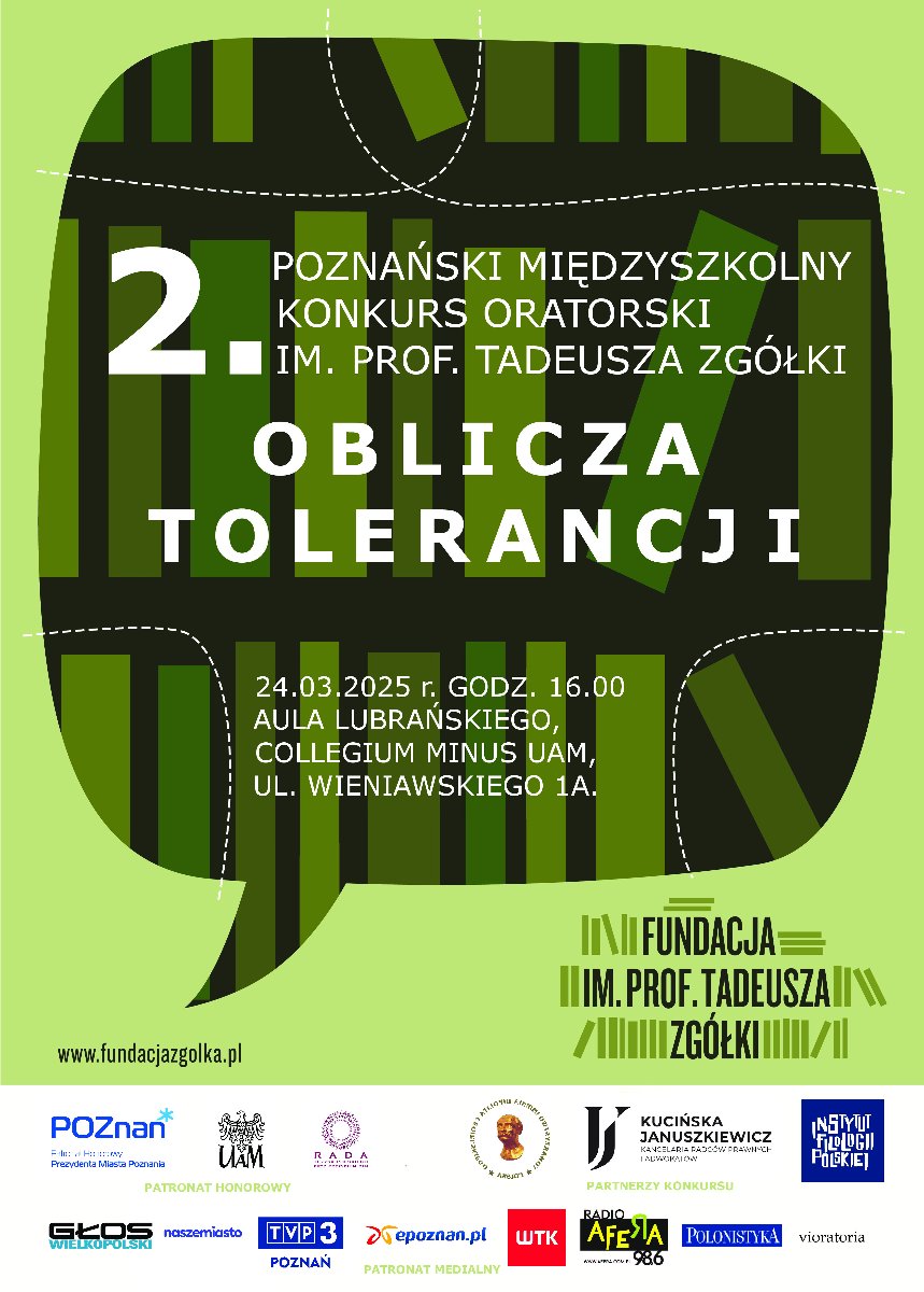 Grafika przestawia plakat na temat konkursu oratorskiego pod nazwą: Oblicza Tolerancji