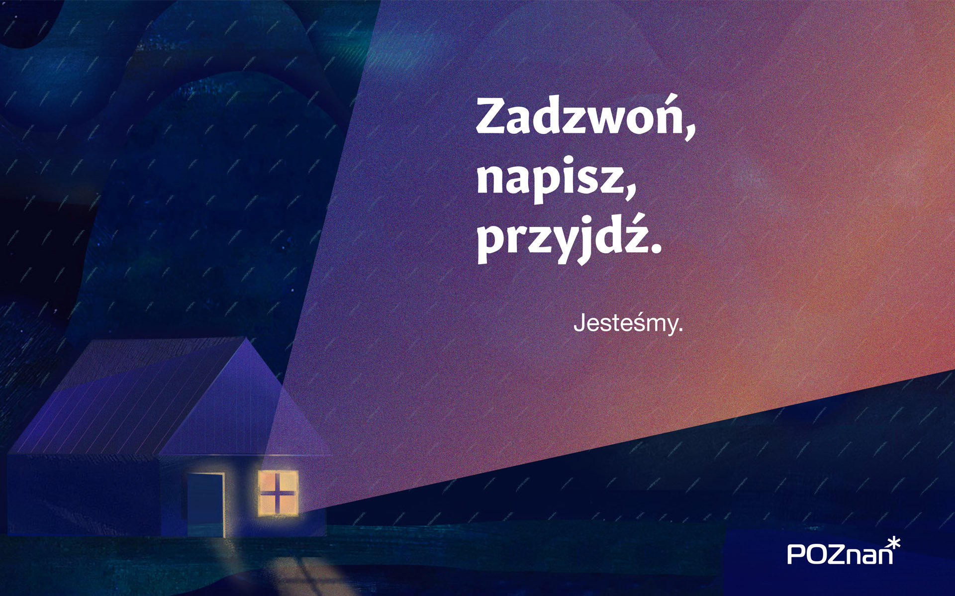 Grafika: rysunek domu z napisem: zadzwoń, napisz, przyjdź. Jesteśmy