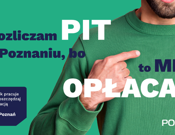 Grafika: twarz mężczyzny i napis: rozliczam PIT w Poznaniu bo to mi się opłaca