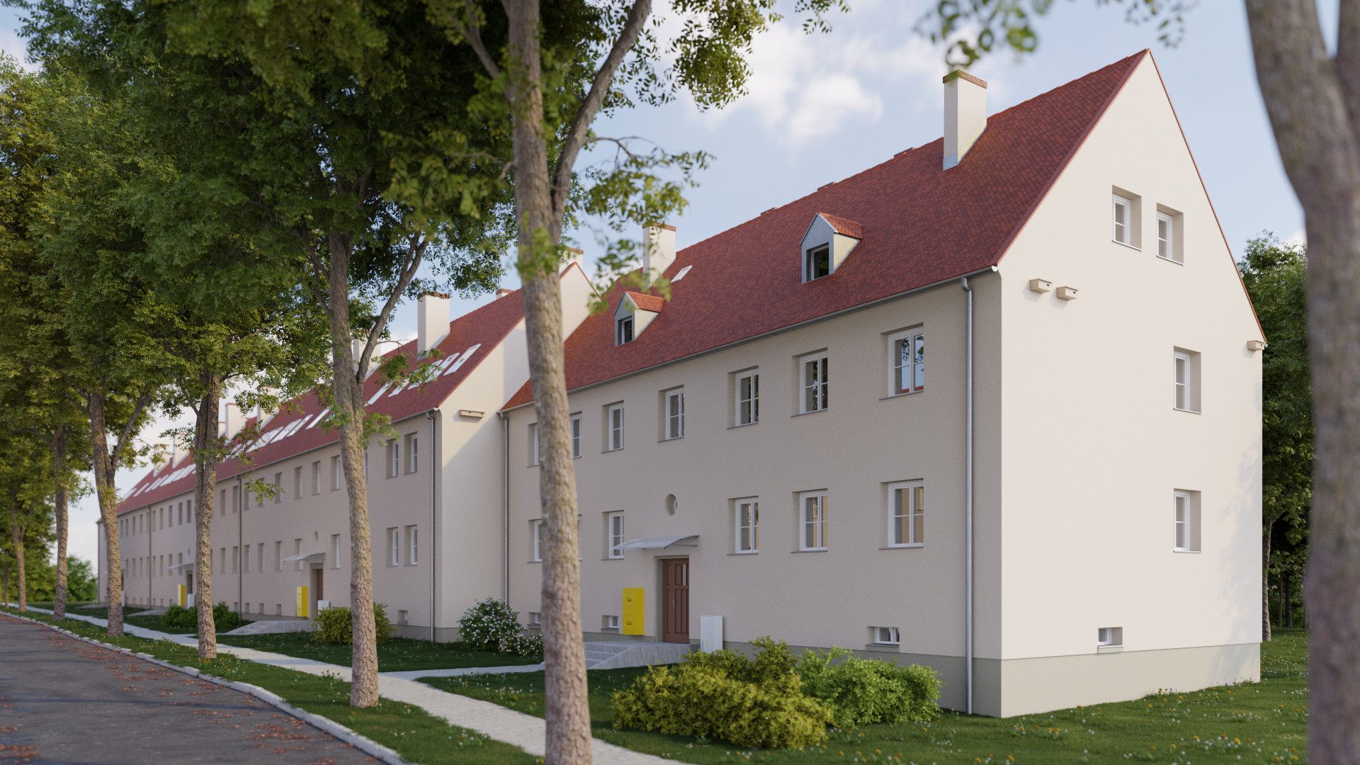 Grafika - wizualizacja budynku, widać dwa domy z czerwonymi dachami, przed nimi rosną drzewa