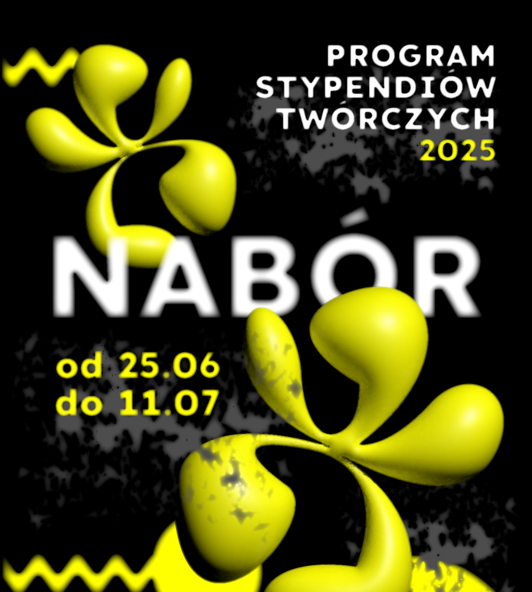 Grafika z czarnym tłem i żółtymi trójwymiarowymi, abstrakcyjnymi formami. Na środku duży, biały napis: NABÓR. Poniżej żółty tekst: od 25.06 do 11.07. W prawym górnym rogu biało-żółty napis: Program Stypendiów Twórczych 2025. Grafika oznaczona hasztagiem Poznań Wspiera.