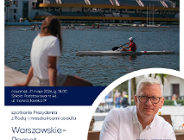 Grafika z informacjami o spotkaniu zdjęciem Jacka Jaśkowiaka, prezydenta Poznania oraz widok na Jezioro Maltańskie