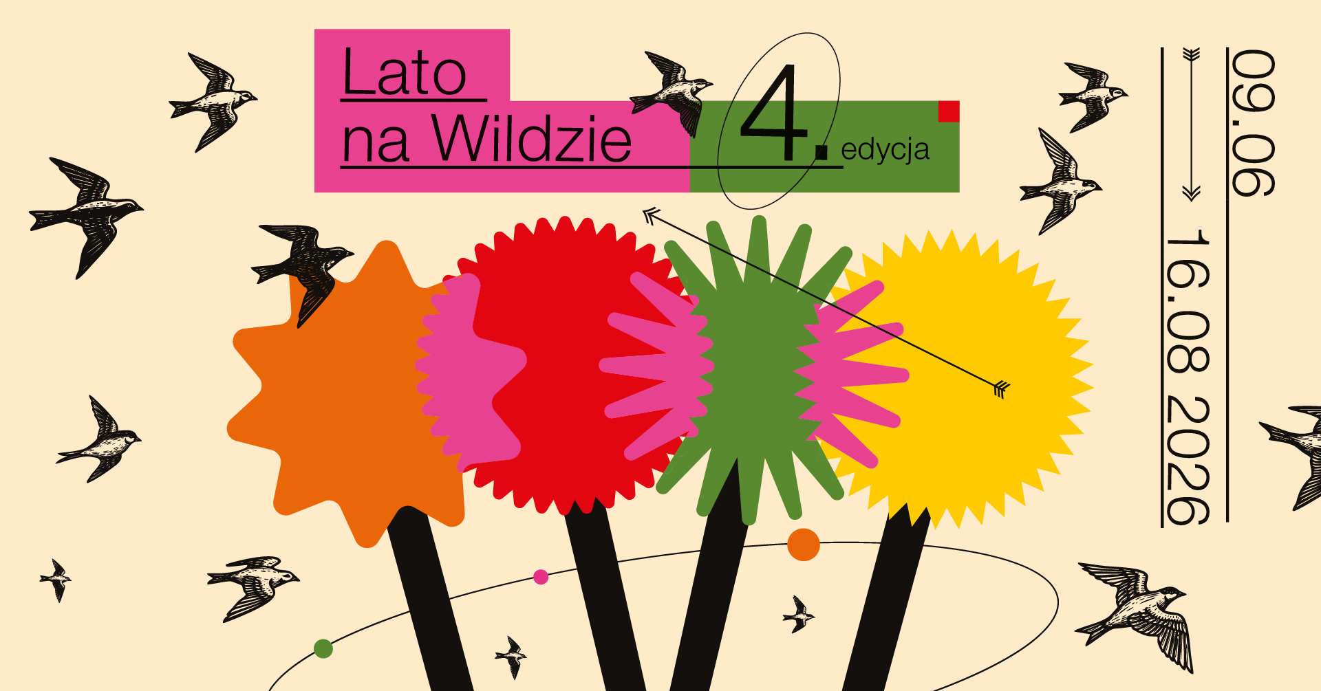 Grafika z napisem Lato na Wildzie 4 edycja. Widać kolorowe elementy graficzne i naszkicowane ptaki.