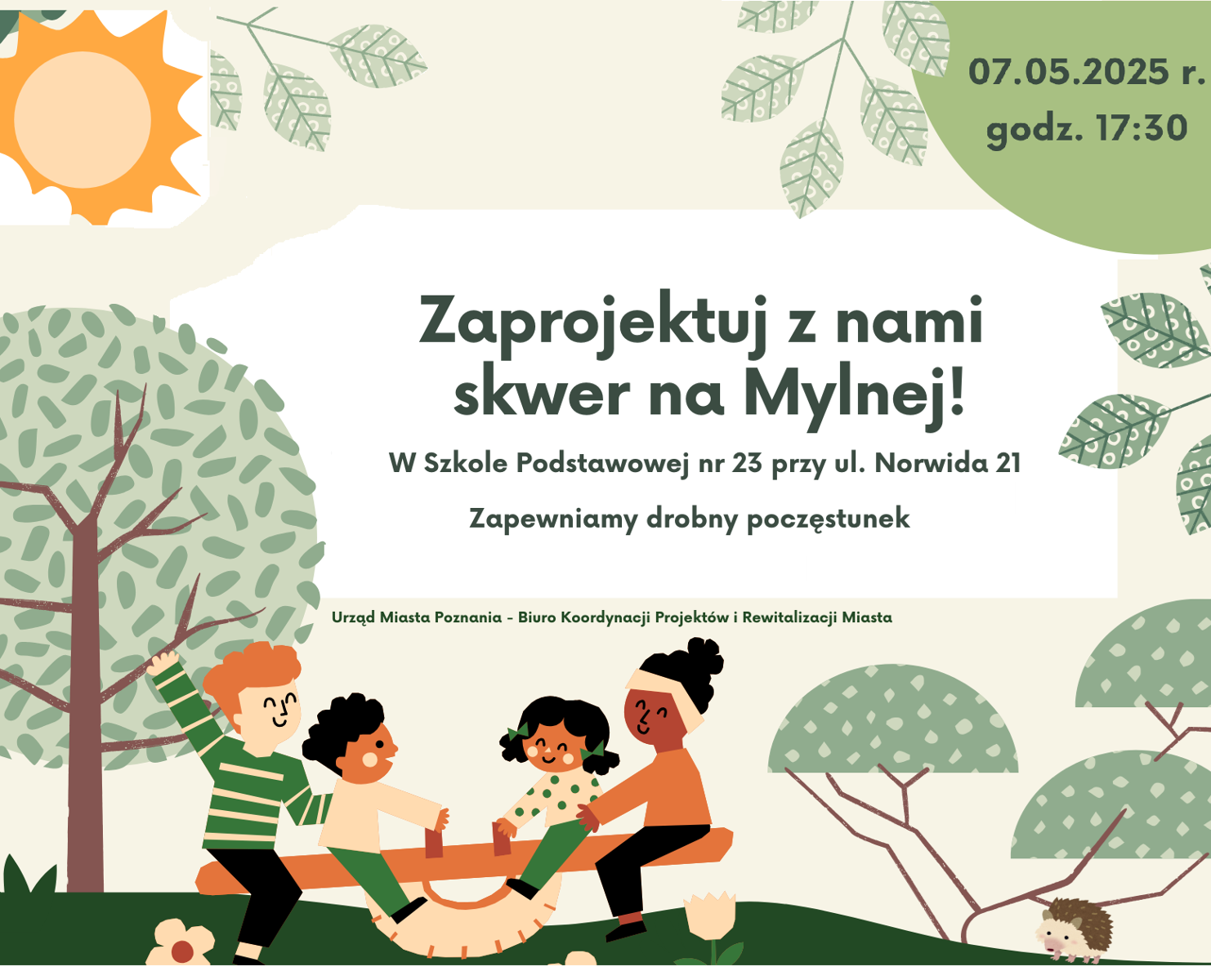 Grafika z napisem "Zaprojektuj z nami skwer na Mylnej" z narysowanymi liśćmi i bawiązymi się dziećmi.