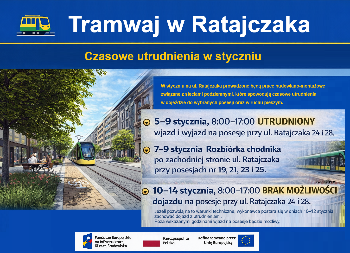 Grafika z wizualizacją tramwaju. Na niej napis Tramwaj w Ratajczaka. Czasowe utrudnienia w styczniu. Podane są takie same informacje jak w tekście.
