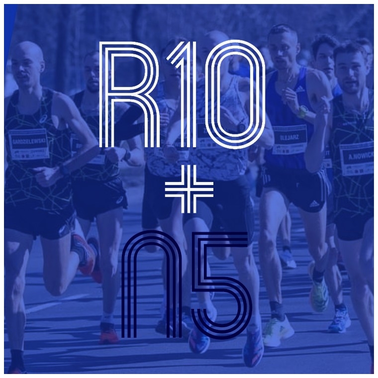 Grafika zapowiadająca Recordową Dziesiątkę i Nocną Recordową Piątkę - na niebieskim tle biały i czarny napis R10 +N5, a w tle sylwetki biegaczy