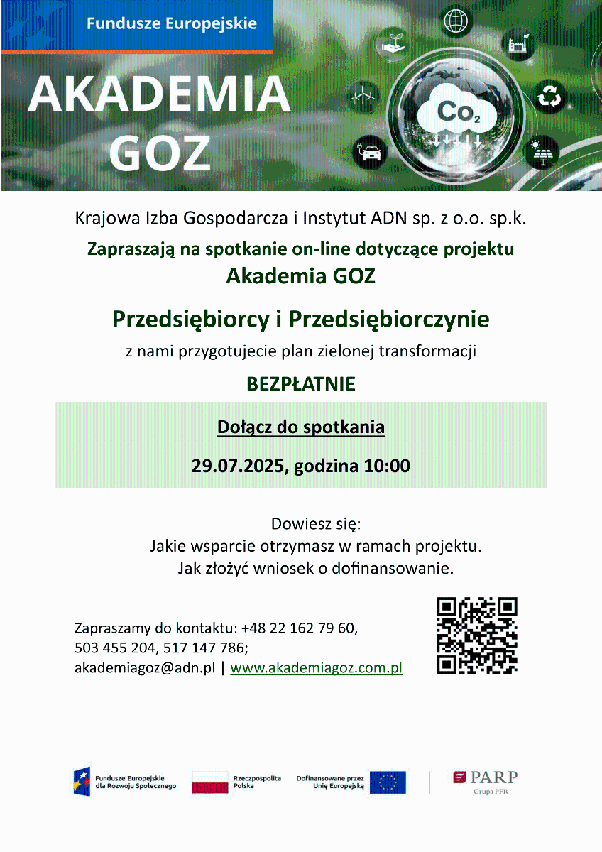 Grafika zapraszająca do wzięcia udziału w projekcie Akademia GOZ, który jest realizowany przez Krajową Izbę Gospodarczą oraz Instytut ADN