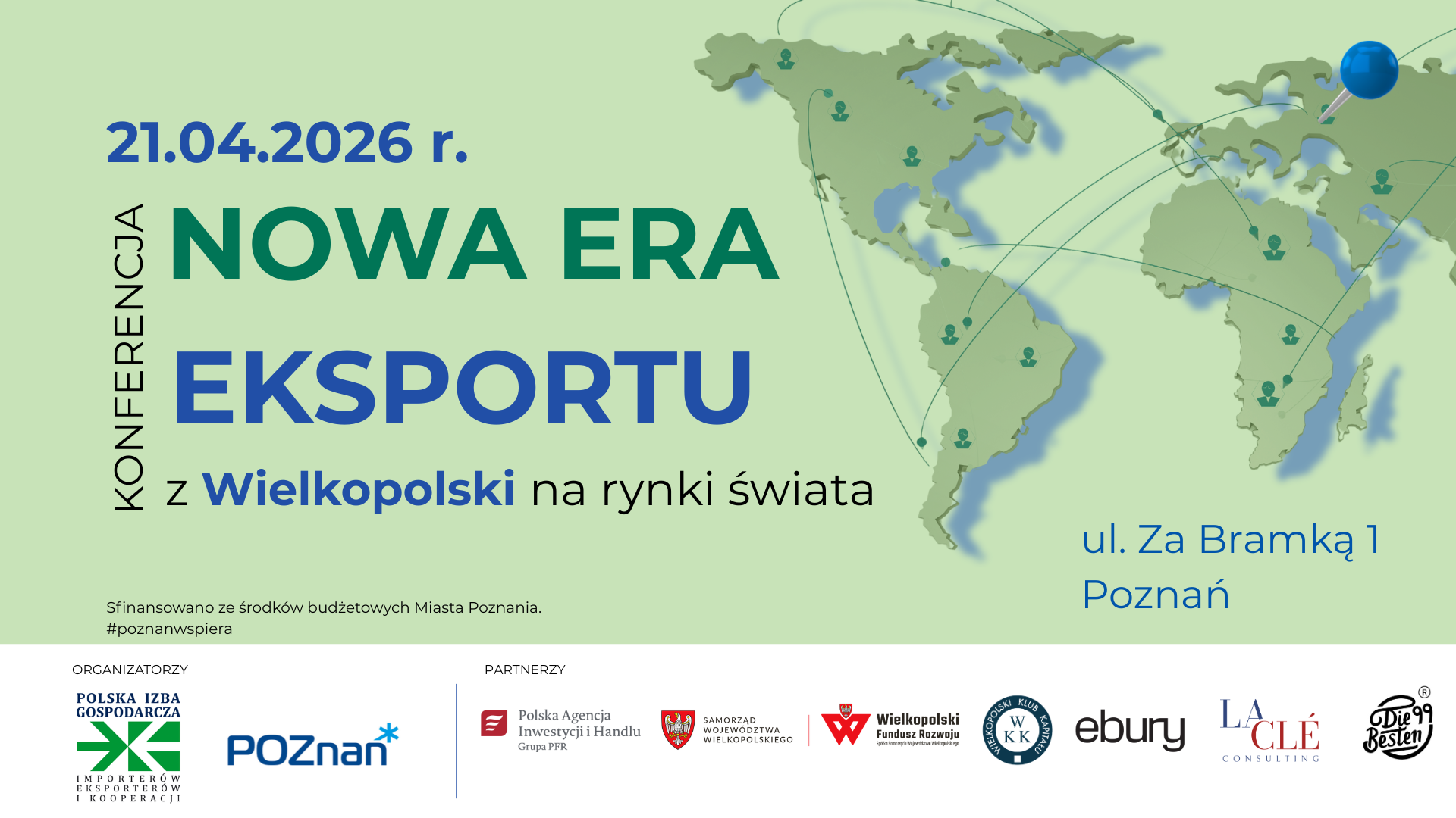 Grafika zapraszająca na spotkanie Nowa era eksportu - z Wielkopolski na rynki świata