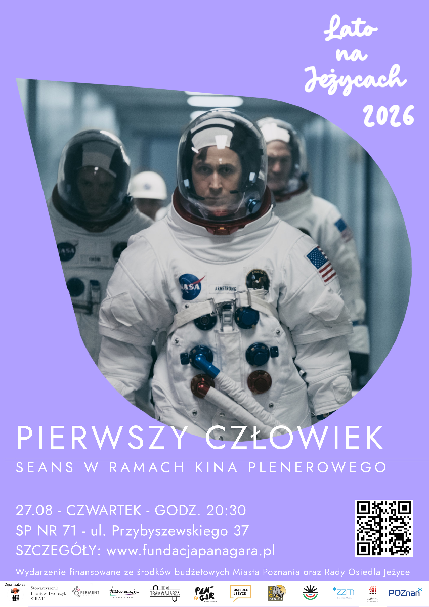 Grafika ze zdjęciem w kształcie półkola. W nim kadr z filmu. Postać kosmonauty. Wokóół napisy informujące o wydarzeniu. Takie same jak w tekście.