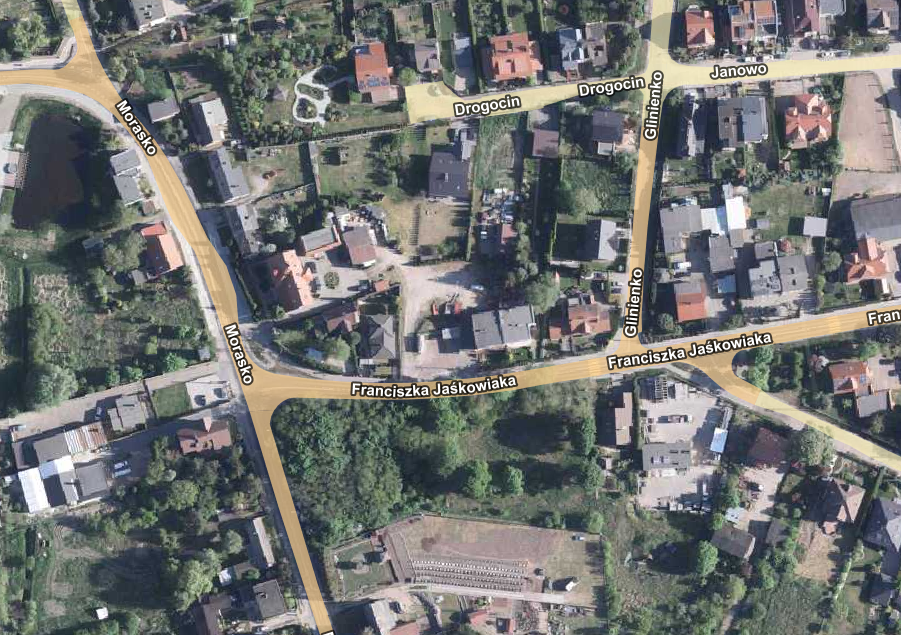 gragment mapy lotniczej z zaznaczonymi ulicami między innymi Morasko i Franciszka Jaśkowiaka