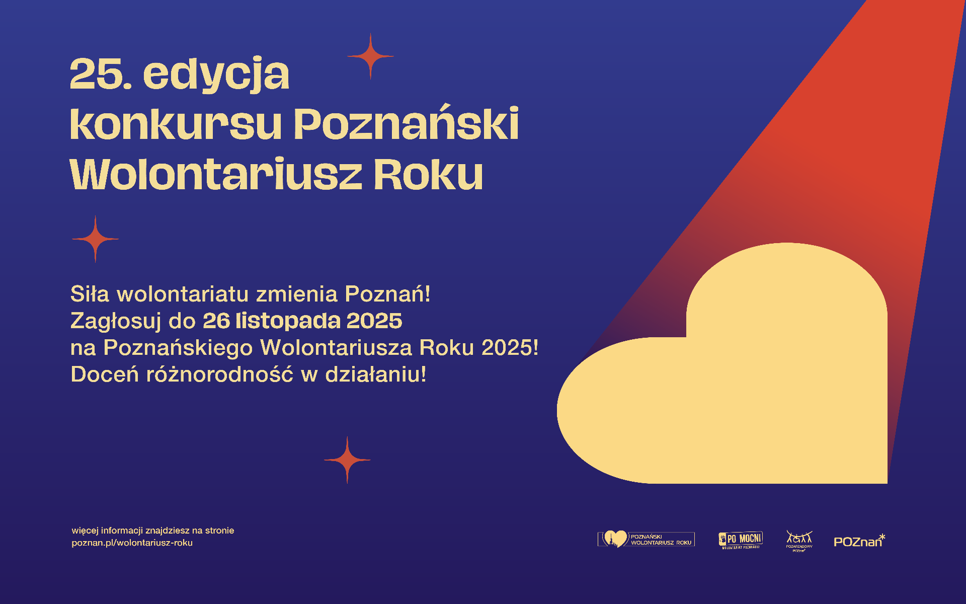 granatowy plakat z informacjami o głosowaniu i konkursie, na plakacie żółte serce a nad nim łuna czerwonego światła jak z reflektora na scenie