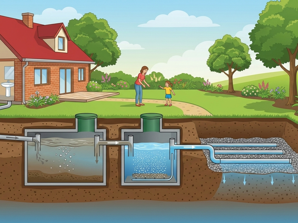 Ilustracja przedstawa schemat przydomowej oczyszczalni ścieków - osadnik gnilny i reaktor chemiczny.