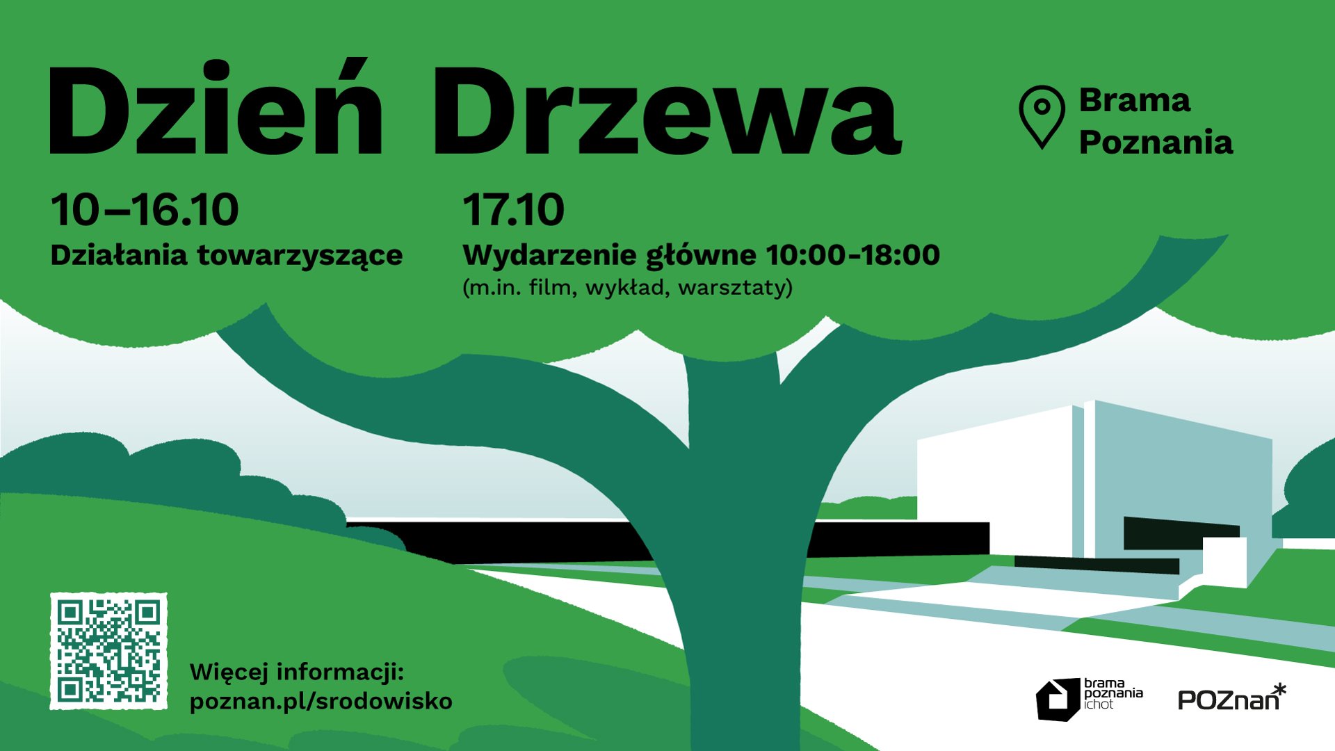 Ilustracja przedstawia drzewo z rozłożystą koroną. W tle widać zarys budynku Bramy Poznania.