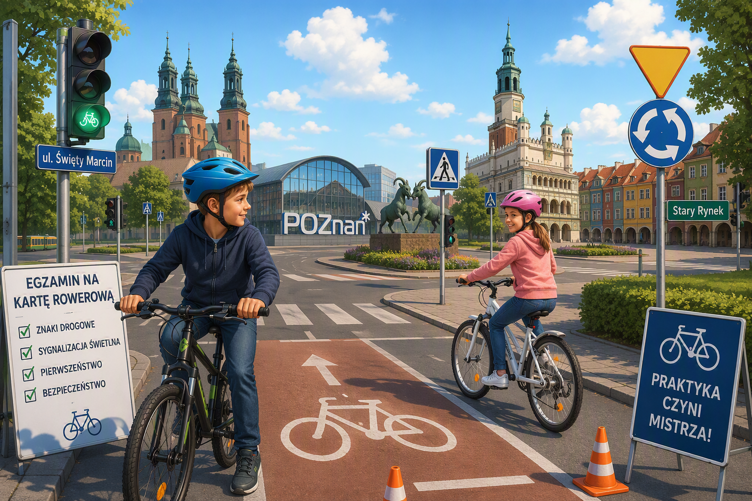 Ilustracja przedstawia dzieci ćwiczące do egzaminu na kartę rowerową w stylizowanym miasteczku rowerowym z charakterystycznymi elementami Poznania, takimi jak Stary Rynek, koziołki i odniesienia do miasta.