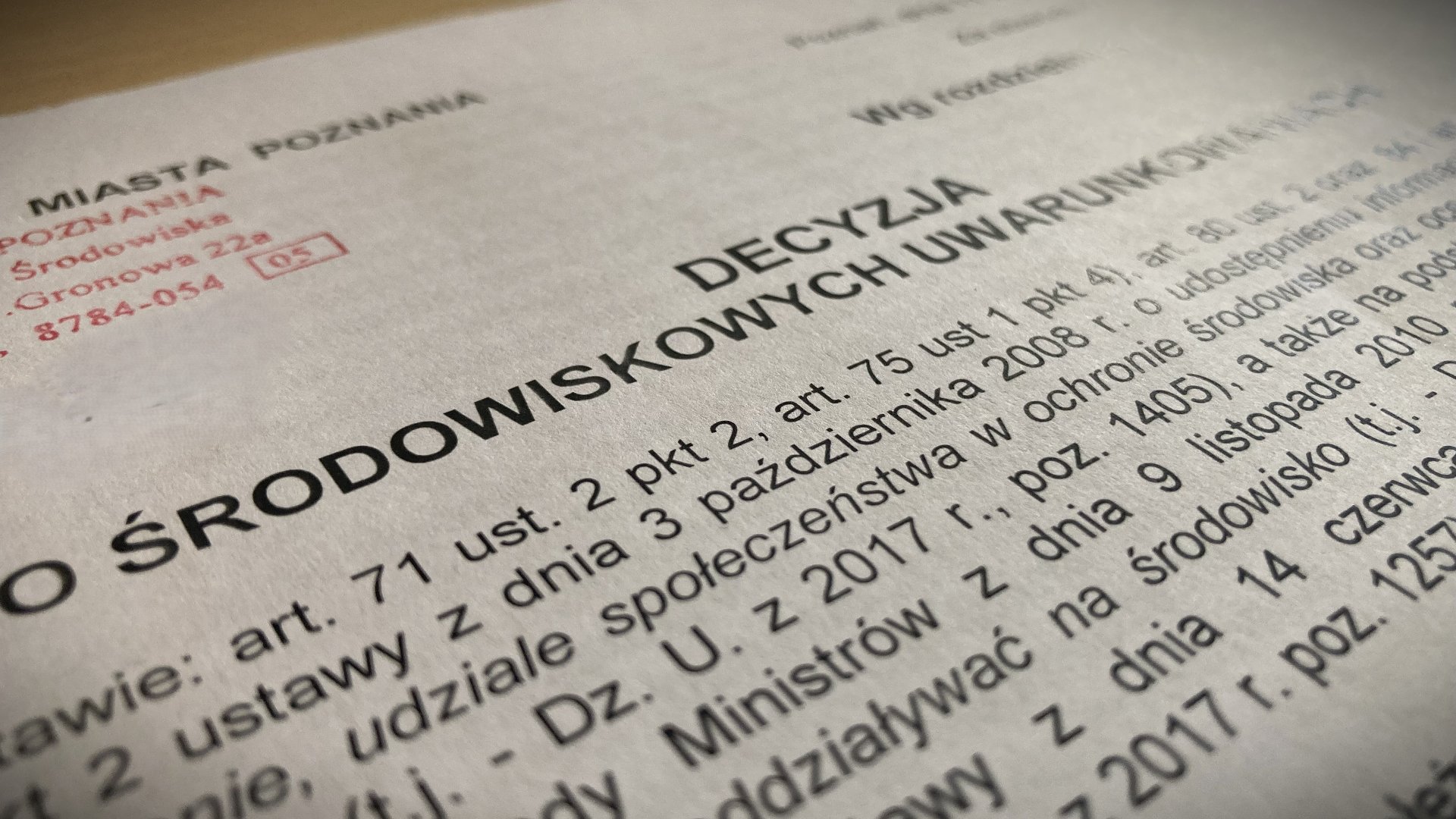 Ilustracja przedstawia pierwszą stronę decyzji o środowiskowych uwarunkowaniach