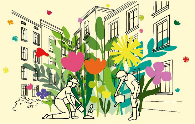 Ilustracja przedstawia podwórko między kamienicami, na którym dwie osoby sadzą rośliny i podlewają kwiaty. Wokół nich wyrastają duże, kolorowe rośliny. W tle widoczne są fasady budynków, a całość ma przyjazny, rysunkowy charakter.