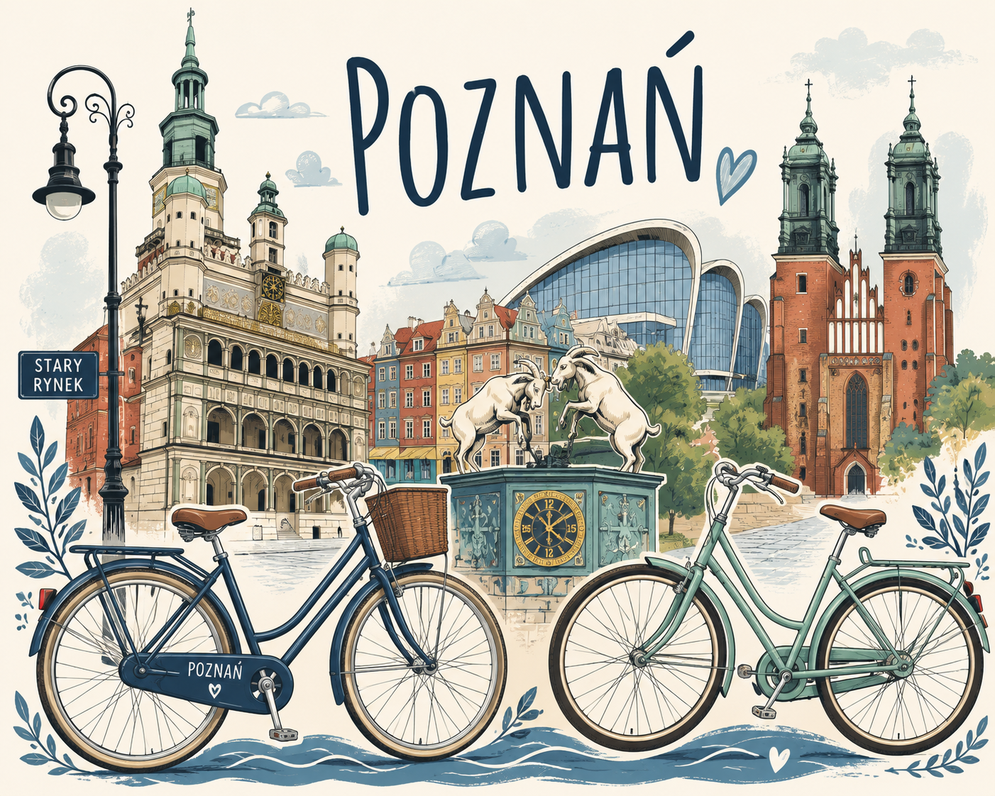 Ilustracja przedstawia Poznań jako miasto przyjazne rowerzystom. Na pierwszym planie znajdują się dwa rowery. W tle sa charakterystyczne symbole miasta, m.in. Ratusz na Starym Rynku, koziołki poznańskie, katedra oraz nowoczesne budynki. Nad panoramą miasta widnieje napis "Poznań" z sercem.