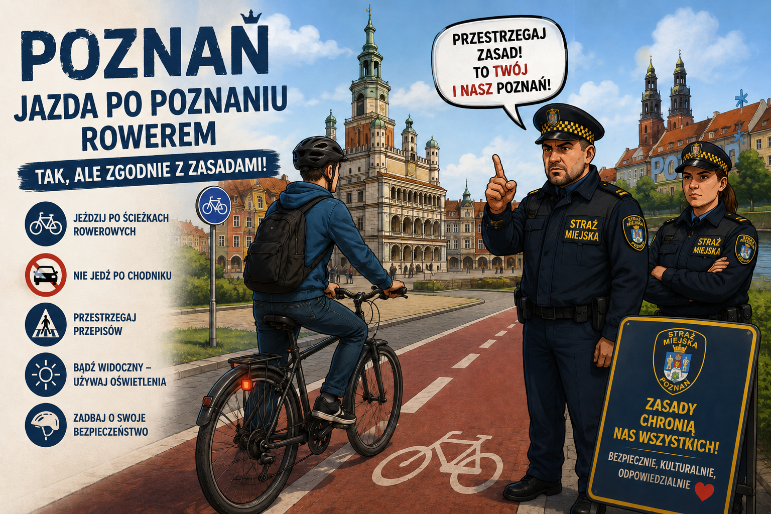 Ilustracja przedstawia rowerzystę jadącego wyznaczoną drogą rowerową na tle charakterystycznej panoramy Poznania z ratuszem i miejską zabudową. Po prawej stronie stoją strażnicy miejscy, którzy przypominają o przestrzeganiu zasad ruchu, bezpieczeństwie i wzajemnym szacunku między uczestnikami ruchu.