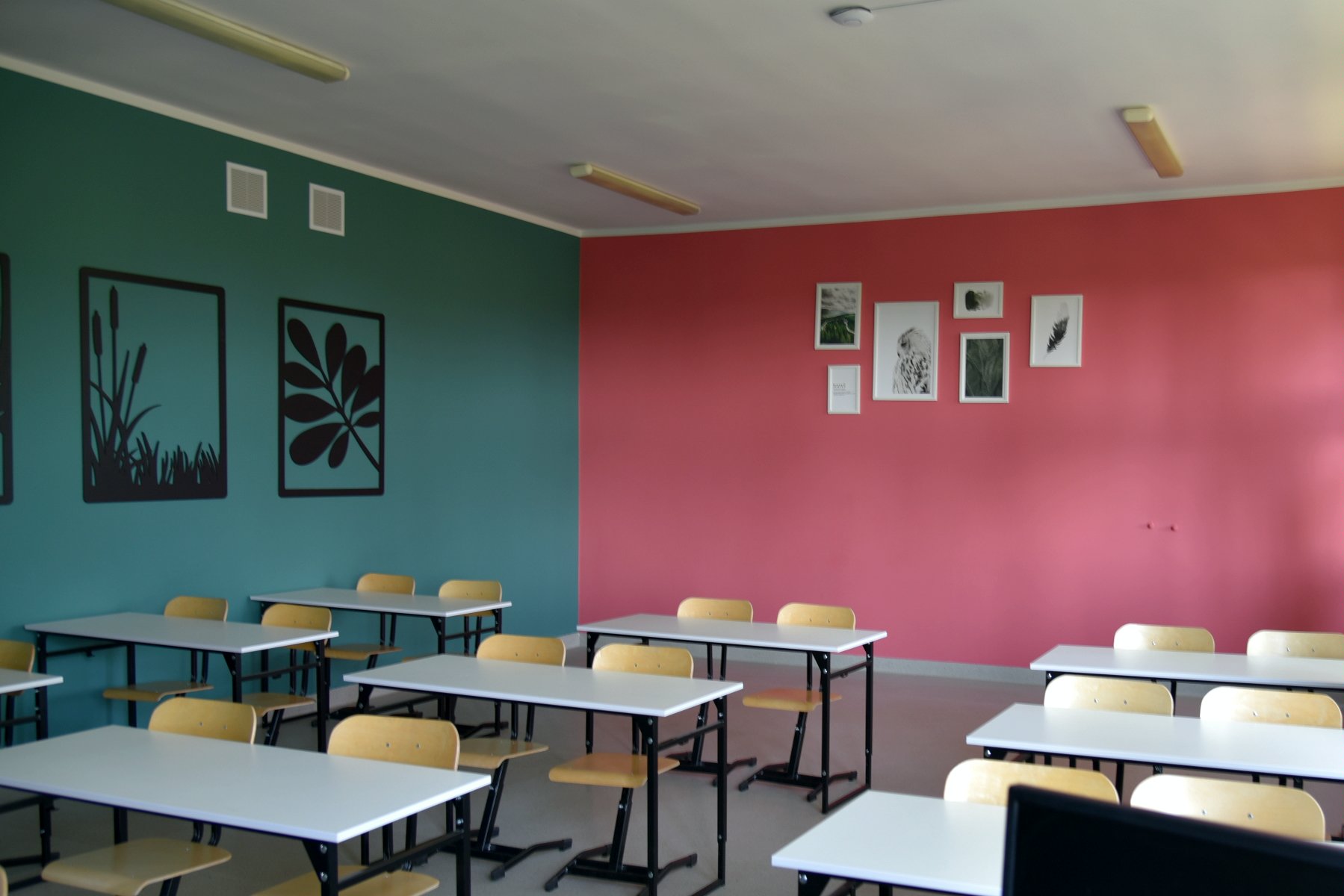 Jasna, pusta sala lekcyjna z rzędami ławek i krzeseł; ściany w dwóch kolorach - turkusowym i różowym - ozdobione prostymi grafikami roślinnymi.