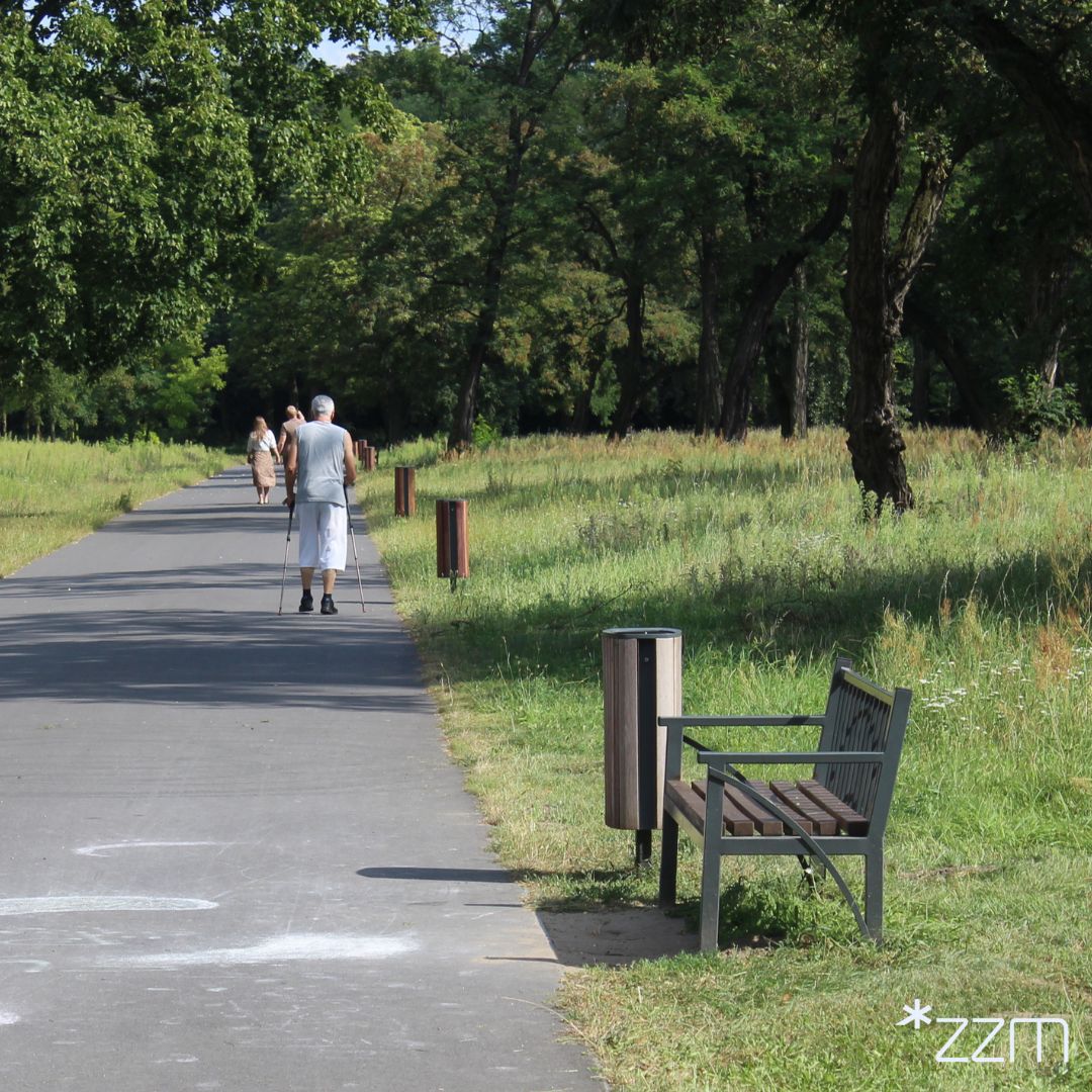 Kolaż czterech zdjęć przedstawiających fragmenty parku. Widać na nich głównie ławki i alejki spacerowe.