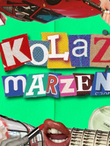 Kolorowa grafika "Kolaż marzeń" z wycinankowym napisem, otoczona elementami podróży, mody i wakacyjnych motywów (kwiaty, perfumy, drinki, samochód, morze).