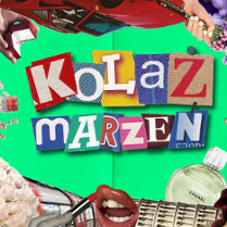 Kolorowa grafika "Kolaż marzeń" z wycinankowym napisem, otoczona elementami podróży, mody i wakacyjnych motywów (kwiaty, perfumy, drinki, samochód, morze).