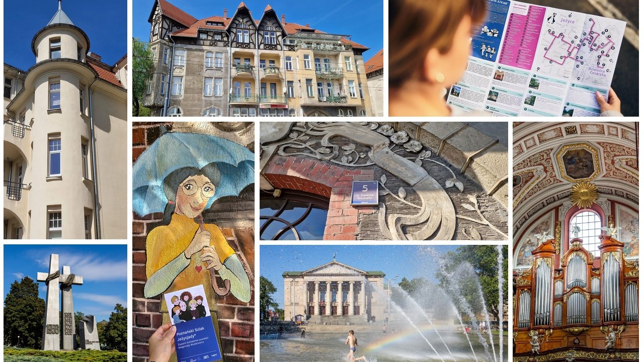 Kolaż z wieloma zdjęciami. Widać fotografie kamienic, , mural, wieżę, kobietę z ulotką w ręku.
