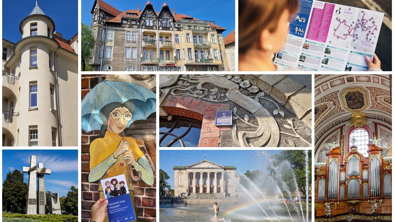Kolaż zdjęć Poznańskiego Szlaku Jeżycjady: poznańskie kamienice, fragment muralu, wnętrze kościoła, zdjęcie Opery, czy pomnika Dwóch Krzyży.