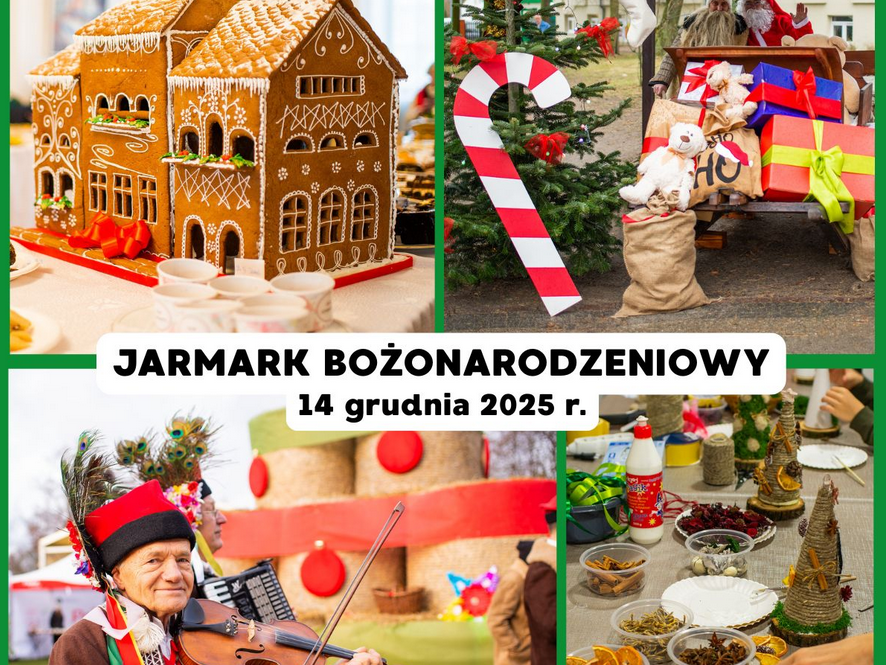 Kolaż zdjęć z bożonarodzeniowego jarmaku w Muzeum w Szreniawie.