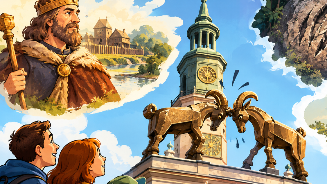 Kolorowa grafika przedstawia poznańskie koziołki. Postacie i motywy nawiązujące do miejskich legend. Na pierwszym planie osoby podziwiające zabytki miasta.