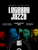 Plakat koncertu jazzowego, na czarnym tle kolorowe zdjęcia uczestników koncertu.