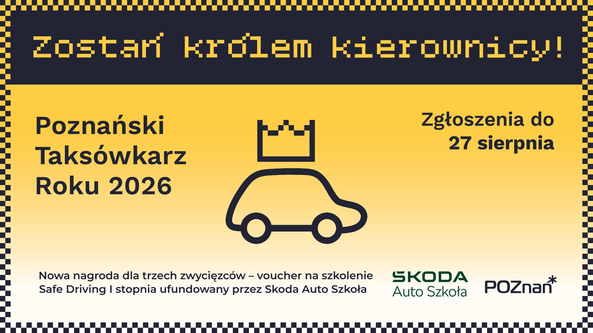 logo konkursu na żółtym tle, ramka w kształcie szachownicy, termin zgłoszenia do konkursu oraz opis drugiej nagrody w konkursie