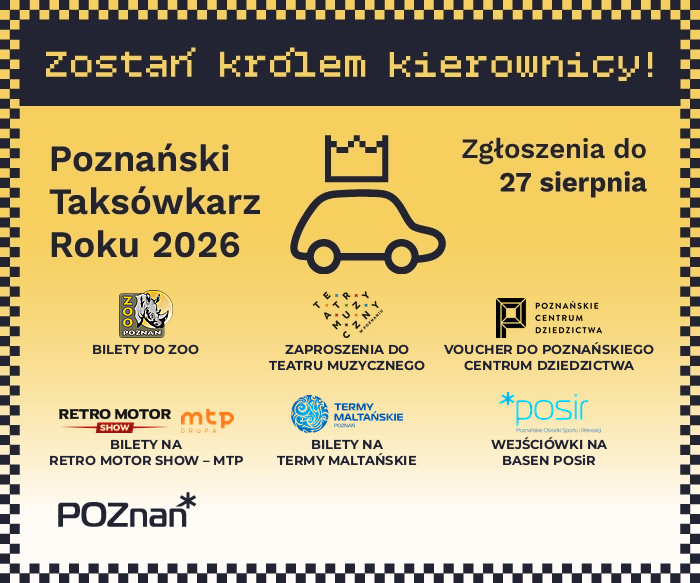 logo konkursu na żółtym tle, ramka w kształcie szachownicy, termin zgłoszenia do konkursu oraz opisy nagród w konkursie,
