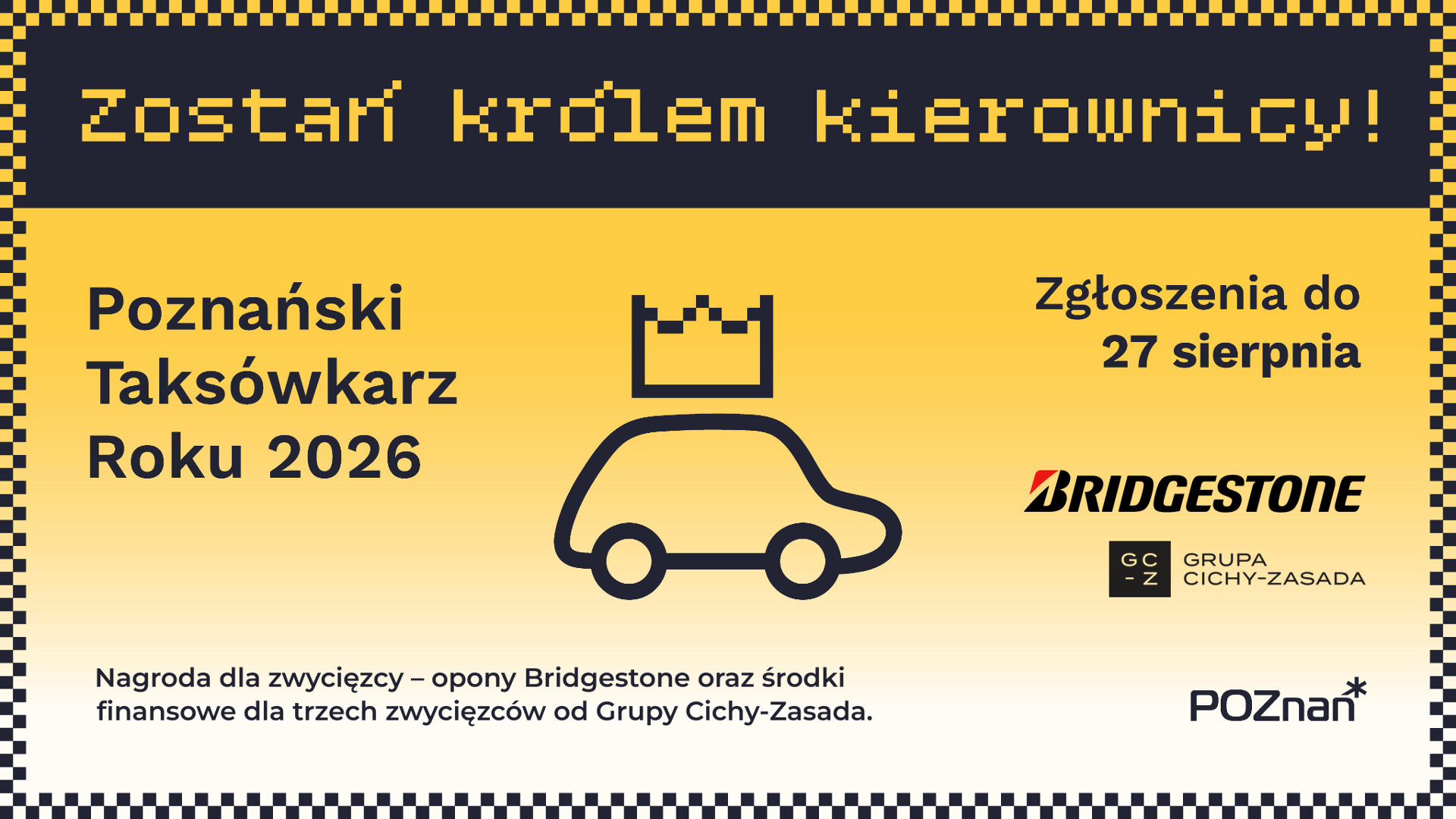logo konkursu na żółtym tle, ramka w kształcie szachownicy, termin zgłoszenia do konkursu oraz opisy nagród w konkursie,