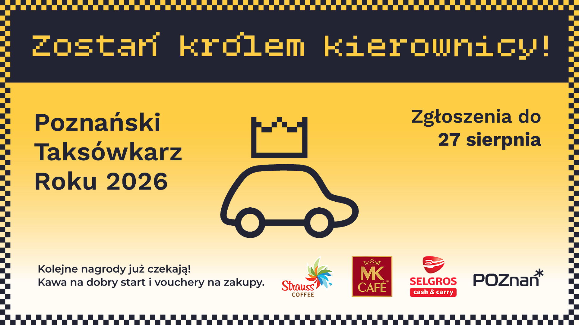 logo konkursu na żółtym tle, ramka w kształcie szachownicy, termin zgłoszenia do konkursu oraz opisy nagród w konkursie,