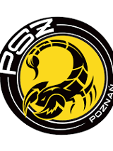 Logotyp Hunters PSŻ Poznań - czarny skorpion na żółtym tle. Wokół niego na czarnym obramowaniu biała nazwa klubu