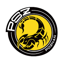 Logotyp Hunters PSŻ Poznań - czarny skorpion na żółtym tle. Wokół niego na czarnym obramowaniu biała nazwa klubu